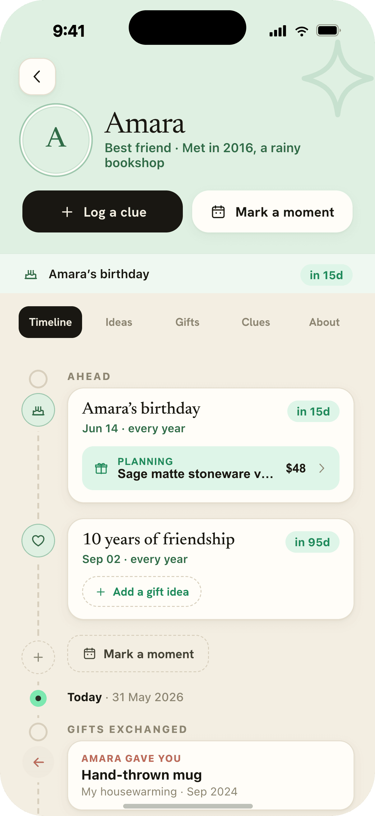A person's page in Keepsake, with their clues and moments