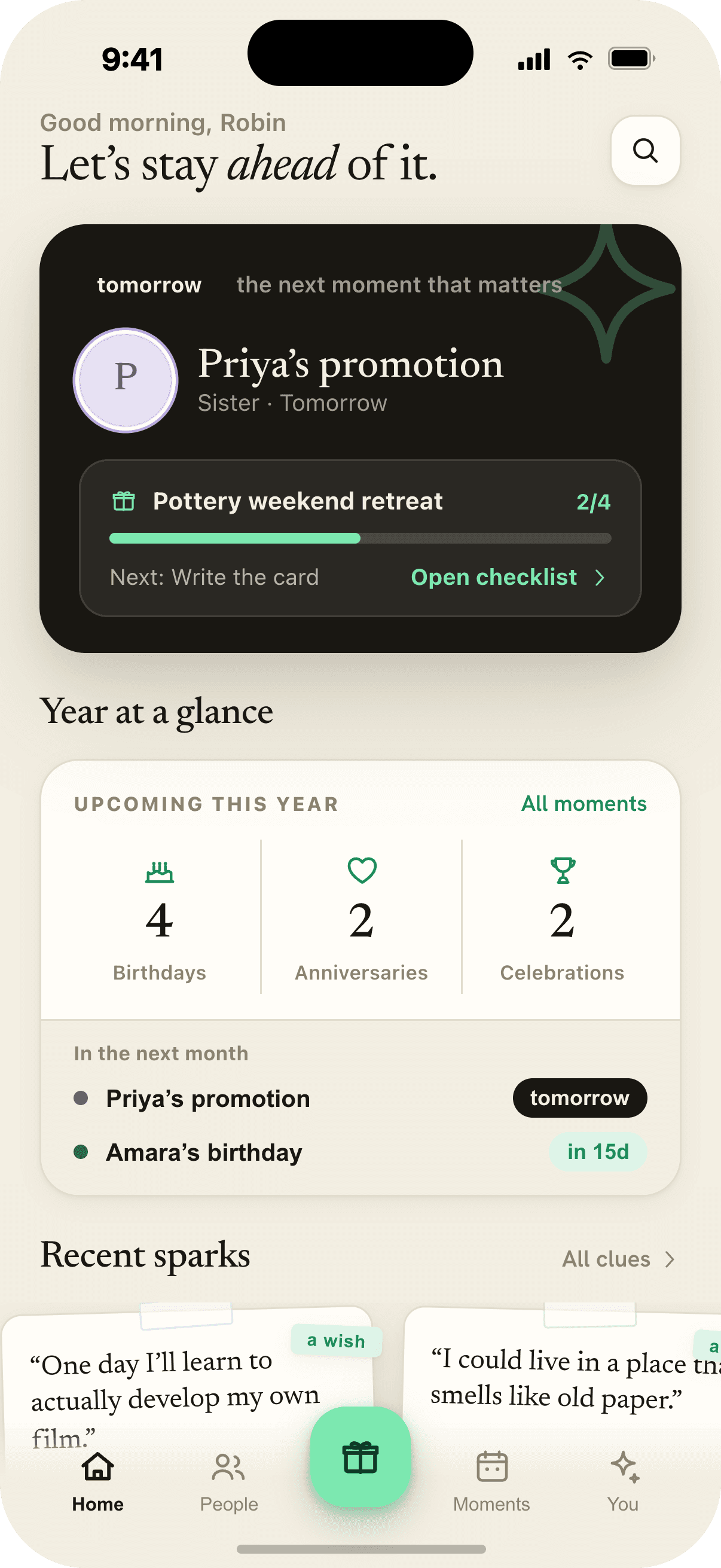 Keepsake's home screen showing the year at a glance