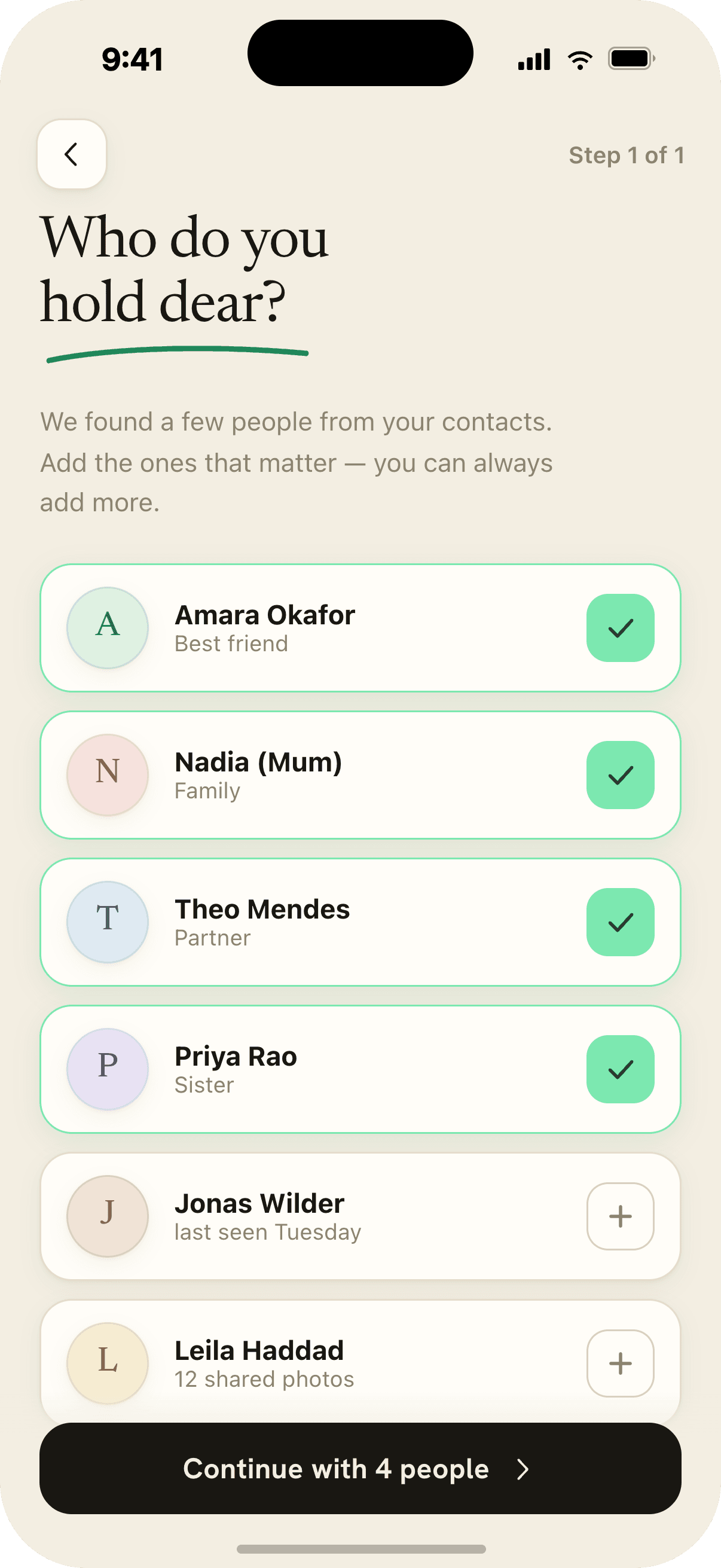 Keepsake's people screen, choosing who you hold dear